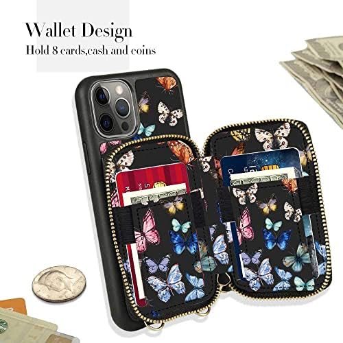 ZVE iPhone 13 Pro Crossbody Case Butterfly Design, capa de telefone com zíper com tampa de pulseira de bloqueio de bloqueio RFID compatível