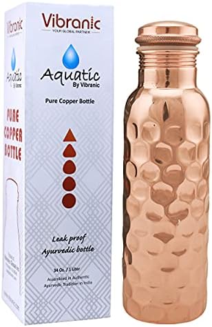 Vibranic Aquatic Copper Water Bottle - 34oz - Provo de vazamentos - garrafa ayurvédica - Vaso de cobre ayurvédico perfeito para esportes, fitness, ioga - benefícios naturais para a saúde - martelados de diamante - feitos na Índia