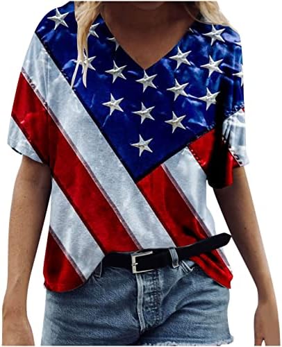 Camisetas de bandeira dos EUA para mulheres do Dia da Independência Tops de verão Camisetas de pescoço curto V blusas casuais