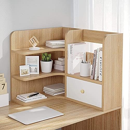 Aserveal Bookcase com desktop estante de estante de estante de estante de estante de estante de estante de estante de estante de madeira de 3 camadas Acessórios para organizadores de mesa de madeira com 1 gaveta prateleira de exibição multifuncional, n