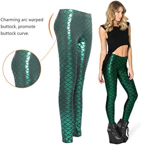 Fantas de Halloween AMOSFUN PALHAS DE YOGA VERDE VERDE CAIZ ALTA LEGLGINGS MENHAS LEGNES DE FISH Escala de peixes Leggings impressos