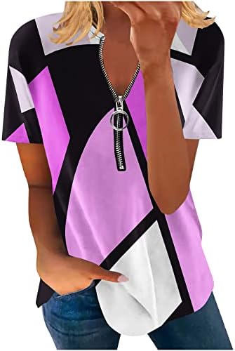 Tops de verão para mulheres zíper / pescoço camisetas casuais camisas de manga curta a colorblock imprimir blusa de ajuste solto para