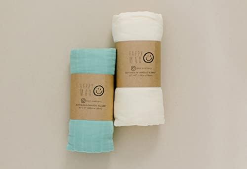[2 pacote] Happy Max Muslin Swaddle Wrap & Blanket para menino/menina, 70% de bambu/30% de algodão orgânico, cores mais macias, neutras/sólidas, verde + creme, 47x47 polegadas