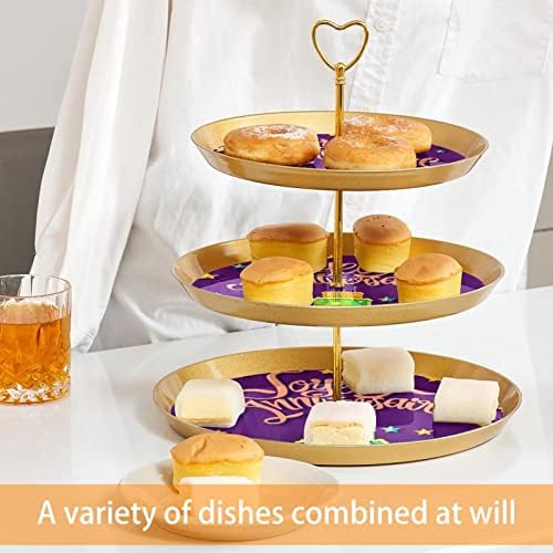 Lyetny 3 Sobessert Stand Stand Gold Cupcake Pastry Stand para festa de chá, casamento e aniversário, feliz aniversário em francês