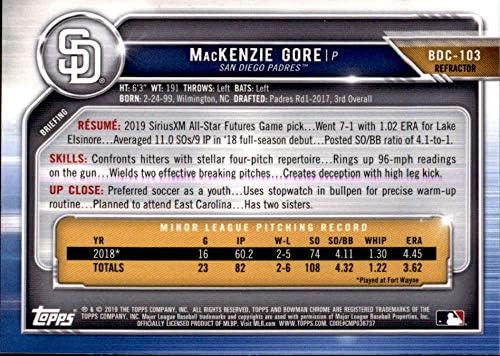 2019 Bowman Chrome Draft Refractor BDC-103 Mackenzie Gore RC RC ROOKIE SAN DIEGO PADRES MLB BASEBAL