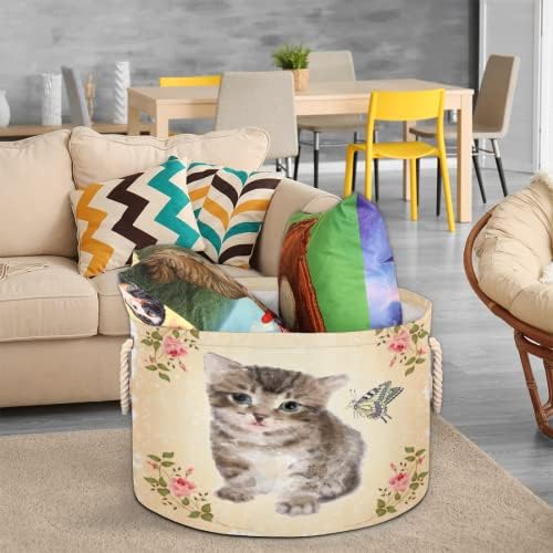 Flor de gato fofo Flor de borboleta grande cestas redondas para cestas de lavanderia de armazenamento com alças cestas de armazenamento de cobertor para caixas
