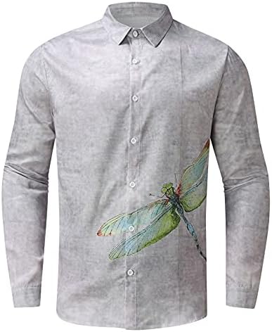 Camisas de linho de algodão Wocachi para masculino, botão de verão para baixo de manga comprida Butterfly boho imprimir camisas havaianas