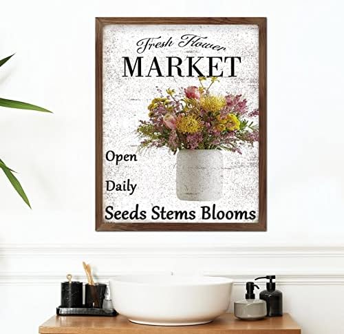 Mercado de flores frescas Aberto de madeira diária Sinais emoldurados primavera de flor amarela rosa em vaso de madeira