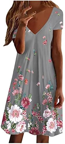 Vestido casual de verão, Ress for Women Floral Floral Short Sleeve V Neck Casual Fit Fit Flar Dress Mini camiseta