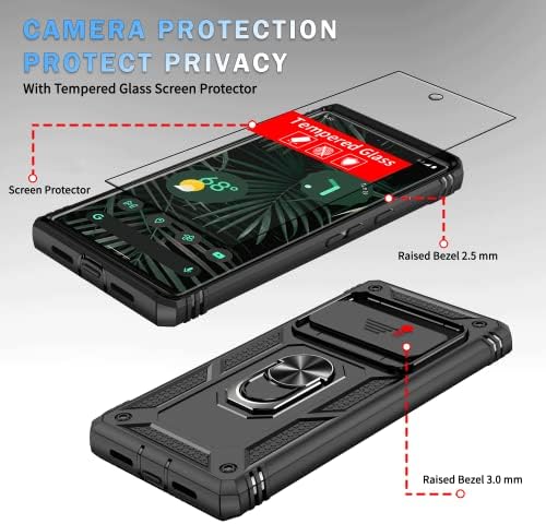 Pompvla para o Google Pixel 6 Pro Case 5G com protetor de tela de vidro temperado com anel de kickstand de carro magnético e capa de câmera Proteção militar de atendimento militar Proteção pesada Men 6,7 polegadas preto