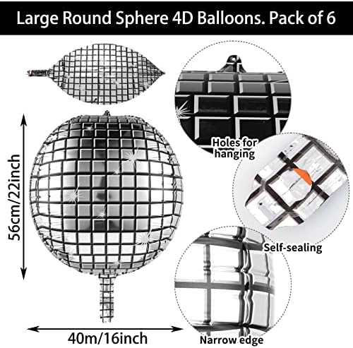 Balões de bola de discoteca de 6 pcs, espelho de balões de discoteca de prata 22in 360 graus 4d folha de alumínio Balões de discoteca