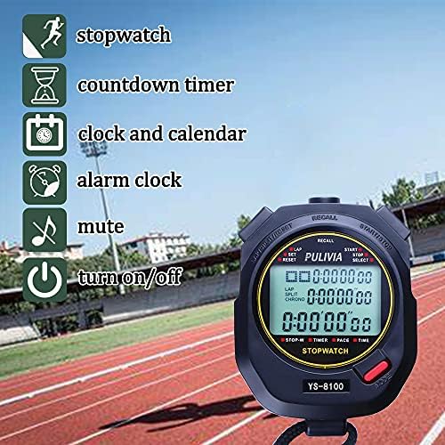 Pulivia Stopwatch Sport Timer Lap Split Digital Stopwatch com alarme do calendário de relógio, grande exibição à prova