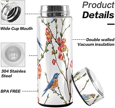 Cataku Small Water Bottle 12 oz, Flores tropicais Birds Isoled Water Bottle for Water Coffee Tea Aço inoxidável Flask Thermos