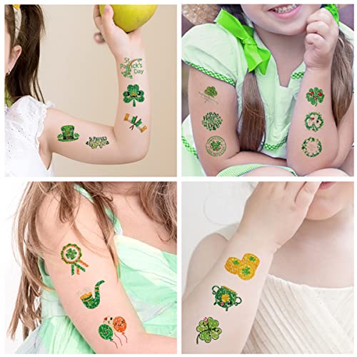 16 folhas de tatuagens do dia de São Patrício para crianças, 96 peças brilho tatuagens tatuagens verdes shamrock chapéu irlandês adesivos para o rosto