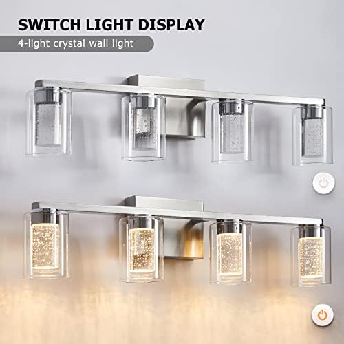 Luminárias de banheiro com 4 luzes de 4 luzes, luzes de níquel escovadas, luzes de banheiro de cristal em LED limpo/neutro/neutro,