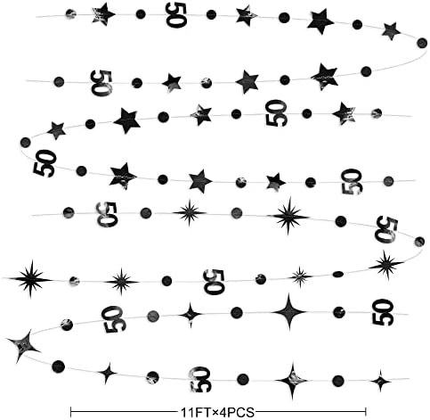 Decorações de aniversário de 50 anos preto Número 50 Circle Dot Twinkle Star Garland Metallic Hanging Freating Bunting