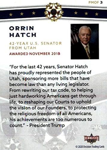 2020 Decisão de folhas Medalha Presidencial da Liberdade PMOF-3 Senador Orrin Hatch Trading Card