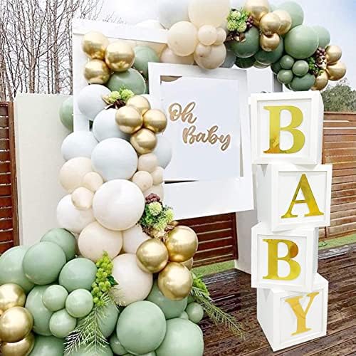 Arco de chá de bebê verde sálvia + 4pcs blocos de bebês brancos estereoscópicos para meninos decorações de chá de bebê meninos