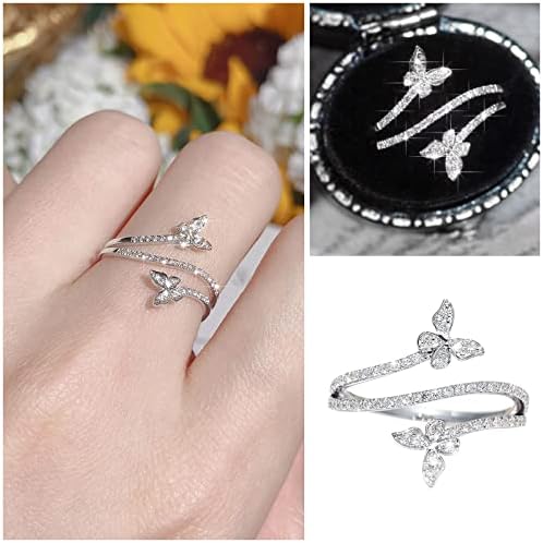 Anel de borboleta dupla de zircão prateado diamante noivado de casamento jóias de presente para mulheres forma de borboleta strass