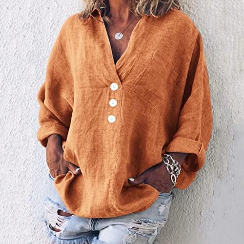 Mulheres roupas de manga comprida V de linho de linho de pescoço de algodão para cima Brunch Top Tshirt Fall Summer