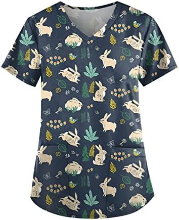 Tops de esfoliação da Páscoa para mulheres, fofas de páscoa de coelhinho de páscoa de manga curta camisa de manga