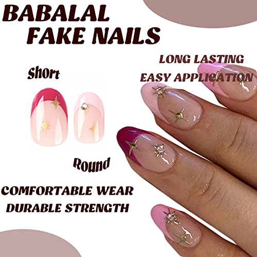 Babalal Round Press em unhas de unhas falsas curtas cola francesa em unhas rosa pregos de acrílico 24pcs unhas acrílicas oval