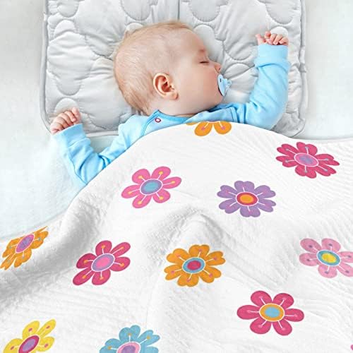 Cobertor de arremesso de algodão colorido de flores de mola para bebês, recebendo cobertor, cobertor leve e macio para berço, carrinho, cobertores de berçário, 30x40 em, branco