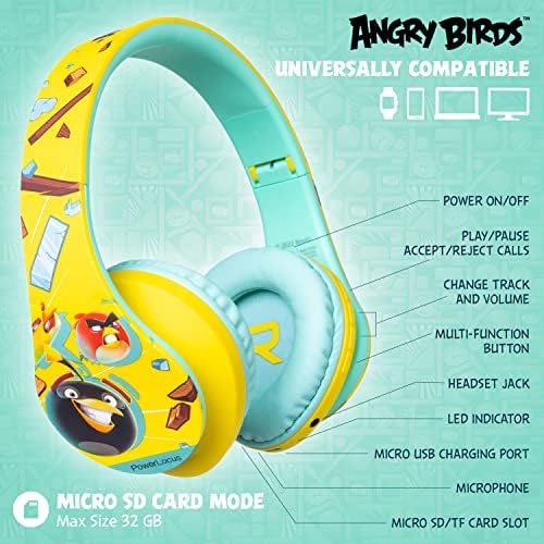 PowerLocus Kids Headphones Edition Angry Birds, fones de ouvido sem fio, fones de ouvido de 85db Volume Limited, Bluetooth