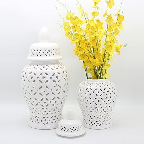 Jarra de gengibre de cerâmica esculpida treliça branca vaso de porcelana jarra templo com tampa para casamentos, festa,