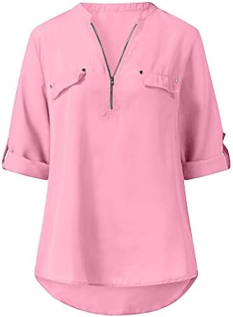 Mulheres V pescoço de chiffon zip up Fit Fit Relaxed Fit Brunch Plain Top camiseta para meninas outono Summer G7 G7