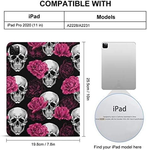 Crânios e rosas rosa encaixe ipad pro 2020 （11in） sono automático/wake slim leves stand tampa inteligente com suporte
