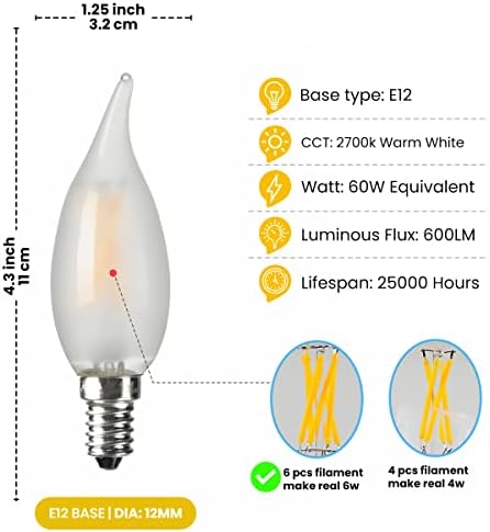 Amdtu e12 candelabra lâmpada 60watt, lâmpadas de lustre liderado com fosco LED, 2700k Warm White, B11 Flame Bent Shape da ponta da ponta, Dimmable, para ventilador de teto, sala de jantar, acessório de cozinha, 6 pacote de lâmpadas de candelabros de candelabros