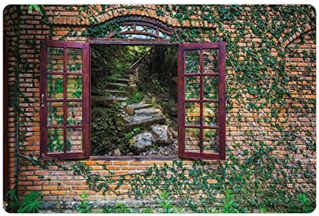 Ambesonne Country Pet Tapete para comida e água, casa com janelas abertas dentro da parede de tijolos de design da floresta com
