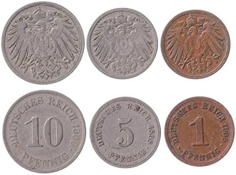 6 moedas da Alemanha | Coleção alemã de conjunto de moedas 1 2 5 10 25 PFENNIG ½ Marca | Circulou 1904-1919 | Águia imperial