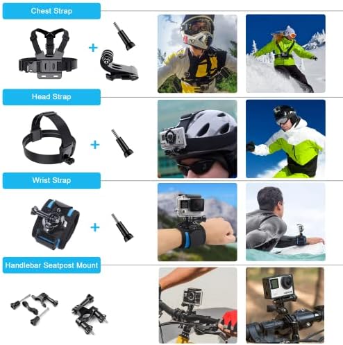 Artman atualizou o kit de acessórios de câmera de ação compatível com o herói GoPro 11 10 9 8 7 6 5 preto, tira do peito da cabeça+360 ° Rotação pulseira de pulso+montagem de bicicleta+copo de sucção+conjunto de pacote flutuante 61 em 1