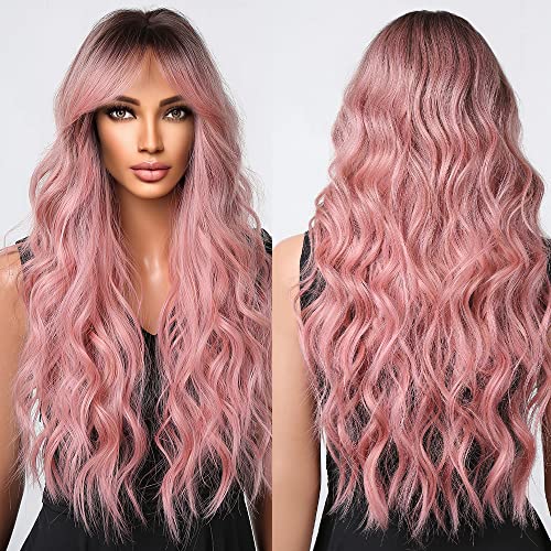 Perucas de cabelo rosa para mulheres peruca longa cacheada com franja ombre ombre sintético resistente ao calor Cosplay de perucas