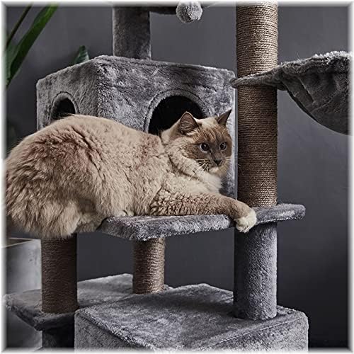 Torre de gato de vários níveis de 45 polegadas, torre de gatos, árvore de gatos de gato, com hammock e postes de arranhões cobertos de sisal, 2 condomínios de luxo, para gatinho, animal de estimação, atividade interna relaxante, cinza
