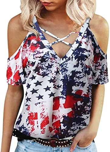4 de julho camisetas camisetas para mulheres manga curta o Túmulos de túnica de pescoço American Flag Star