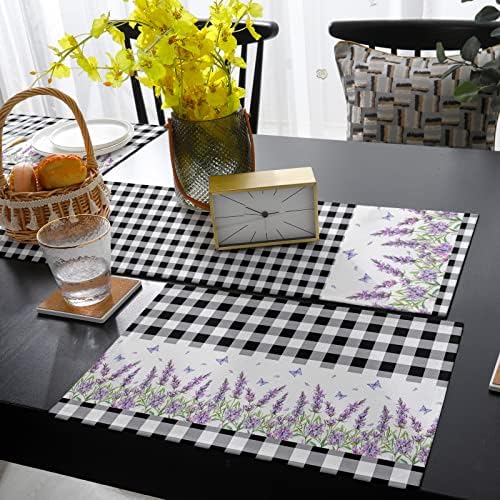 Mesa Corrente e Placemats definidos para mesa de jantar, lavanda flor preta branca búfalo cheque xadrez de algodão floral de verão