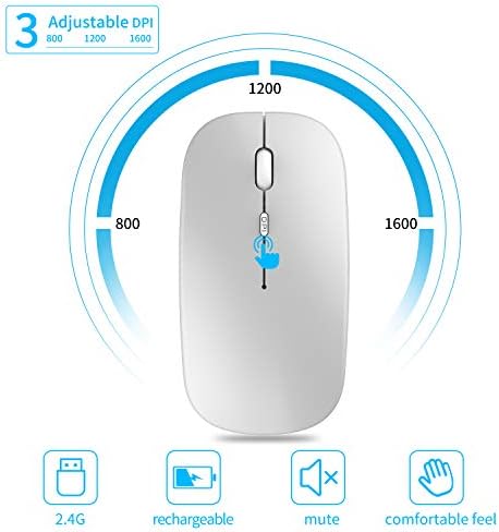 Mouse sem fio, Slim Silent Click Recarregável 2.4g Camundongos sem fio Wireless 1600dpi Mini Mouse portátil de viagem portátil com