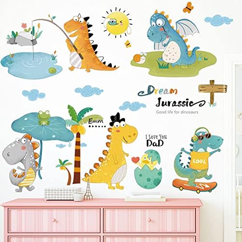Desenho animado de parede dinossauros fofos tocando decalques de parede adesivos de parede de coco, crianças infantil infantil