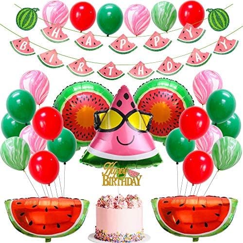 Conjunto de decorações de festas de aniversário da melancia adlkgg - Frutas de verão com tema de parabéns, bandeira de bolo de melancia, balões de melão para menino garoto de bebê chá de bebê, 29pcs