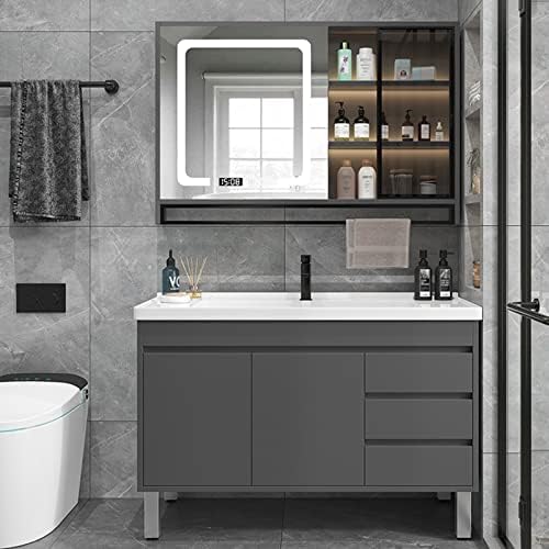Pia de vaidade do banheiro Yzjj com armário e armário de espelho, armário de madeira moderno montado na parede, pia de lavagem de lavagem de utilidade de cerâmica de cerâmica