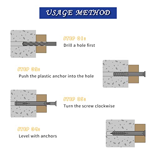 Hystic 300pcs Kit de âncoras de parede de drywall de plástico com parafusos, inclui 4 âncoras de tamanho diferente e 2 parafusos de