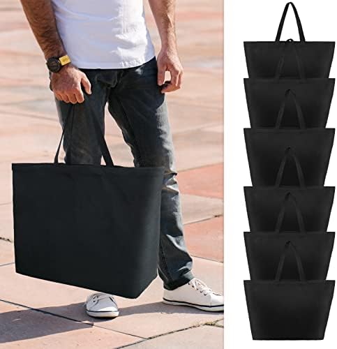 Sweetude 6 pedaços de lona extra grande utilidade de sacolas para uso pesado bolsas de supermercado de grandes dimensões Bolsas de compras reutilizáveis ​​com alças, preto preto sólido, 28 x 8 x 16 polegadas