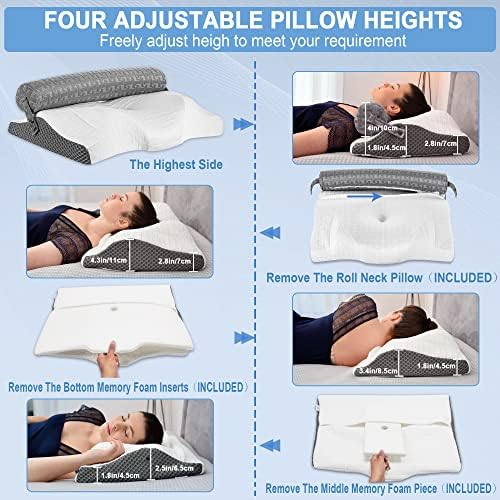 Travesseiro de espuma de memória cervical Elviros para alívio da dor no pescoço, travesseiros de tração de rolos ortopédicos de contorno para dormir lateral, 3 em 1 em 1 travesseiro de cama de coluna de suporte ergonômico para as costas e dorminhoco estomacal