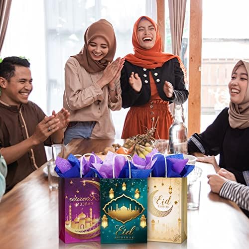 Aodaer 16 pacote Eid Mubarak Paper Sacos de presente com papel de papel de papel Ramadã Sacos de favor com manuseio de guloseimas