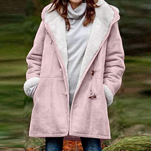 Usuming Casaco de capuz de cor sólida para mulheres lã quente de tamanho grande botão de inverno chifre de inverno