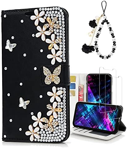 Fairy Art Crystal Cartlet Caixa de telefone compatível com Samsung Galaxy Note 20 5G - Flores - Preto - 3D Tampa de couro de brilho brilhante com tela com protetor de tela e cordão de telefone com miçangas
