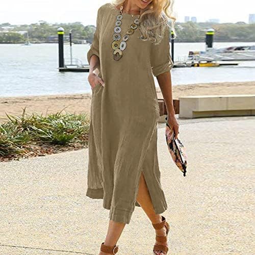 Moda de verão feminina cor de cor sólida no pescoço de manga média vestido de linho de algodão solto midi com bolsos
